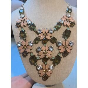 Stella & Dot Fluerette Statement Necklace Pink & Green Stones w clear Rhinestone